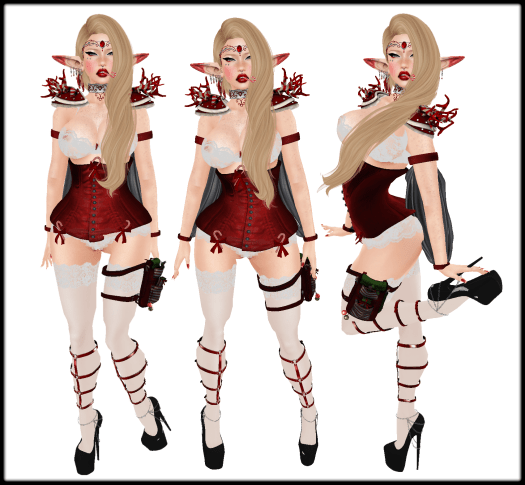 Panties & Corset- Melany: White Lace & Poinsettia Cincher Set (mariska.simons) @ ~Blacklace~  ~ Ears- (FEMALE)_FANTASY_ELF_Ears (kikunosuke.eel) @ [MANDALA] ~ Shoulder armor- antler.pauldron.candy.cane (sigifaust) @ ieQED ~ Collar- [white,gold] Beleriand collar (tolouse.rosenberg) @ [Leaf] ~ Sleeves- Phyllidas Gown red (leenfantterrible) @ .Enfant Terrible. ~ Shoes- dream heel black (clementina Criss) @ Retro ~ Hair- EVILLY hair/Naturals (Thora Charron) @ [LeLutka] ~ Circlet- Erulisse Circlets- (Surreal LeShelle) @ Deviance  ~ Leg Harnesses-.Shi : Leg harness (LEATHER-FEMME}[Rigged Mesh] (joy.laperriere) ~ Leg Pouch- -DRD- Legpouch – Merry musthaves (Jaimy Hancroft) @ The Arcade ~ candy candys on corset- Holiday Collection: Candy Cane Bra & Garter Set (mariska.simons) @ ~Blacklace~  If an item is unlisted and would like the info, please im me karalee aeon. I will gladly answer any questions