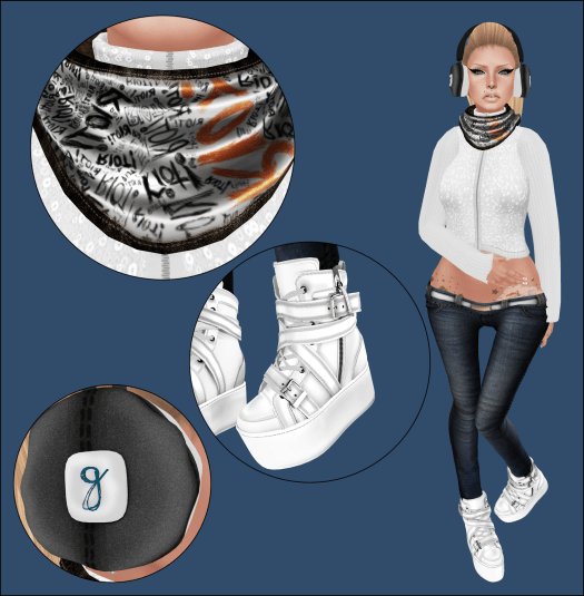 ~ Sweater- *MC* Zipup Turtleneck Sweater - Sequin/Snow (freya.olivieri) New @ SL Winter Trend 2013 ~ Jeans-[Cynful] Skinny Jeans - Med Blue (Cynthia Ultsch) New @ SL Winter Trend 2013 ~ Ear Muffs- [geek.] Toasted Muffs (jada.tigerpaw) @ New @ SL Winter Trend 2013 ~ Shoes- Admirals White High Riders (liamcole) FLite. ~ Hair- [e] Stevie - Blondes (elikapeka.tiramisu) [e] ~ Tattoo- Never Say Die 2 (alexandria.enchanted) @ elska  ~ Scarf- [Gang/Cold] "Warmth" Scarf@ New @ SL Winter Trend 2013 ~