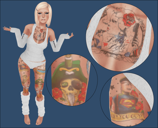 Panties & arm warmers & leg warmers- [ SAKIDE ] Polar Lingerie Set White (kinu.mayako) New @ SL Winter Trend 2013 ~ Chest tattoo- Babydoll 2 (alexandria.enchanted) @ elska  ~ Leg Tattoos- Never Say Die 2 (alexandria.enchanted) @ elska  ~ Hair- Youth - Blondes (elikapeka.tiramisu) [e]